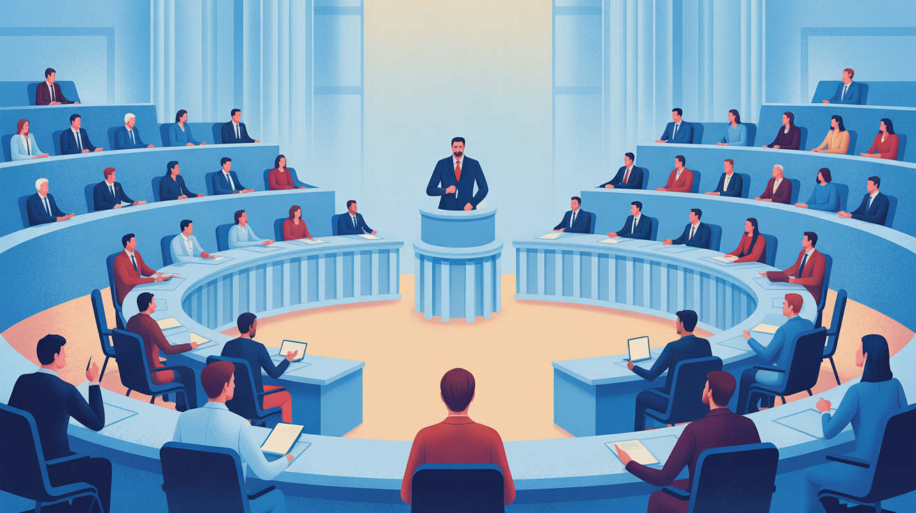 Illustration Institutions pour l'examen civique - Comprenez le fonctionnement des institutions françaises : Président, Gouvernement, Parlement, élections. La Ve République et ses mécanismes démocratiques.